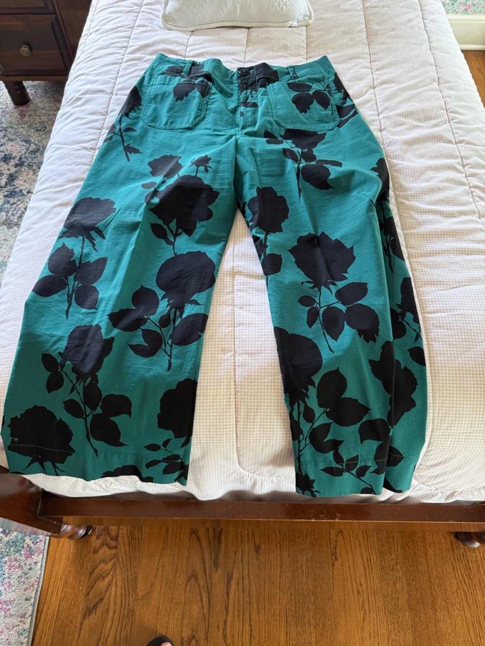 Anthropologie Maeve Teal and Black Floral Wide Leg Pants